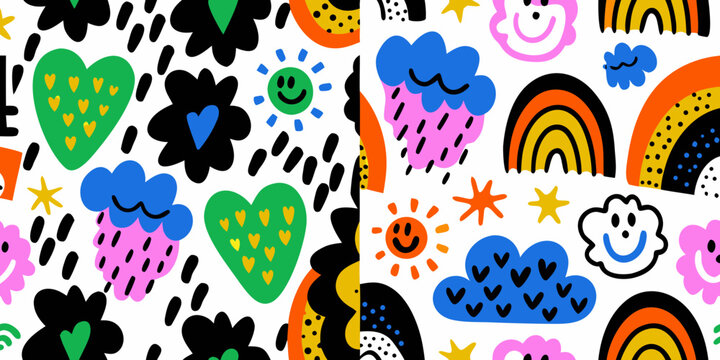 playful pattern with hearts rainbows clouds and smiling faces