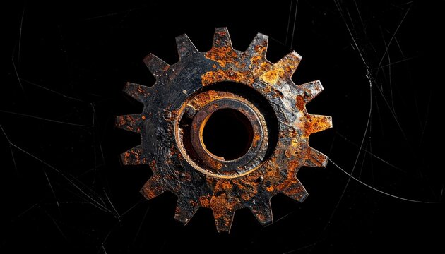 A single heavy rusted iron gear wheel isolated on a dark black textured background representing mechanical industry and industrial decay.