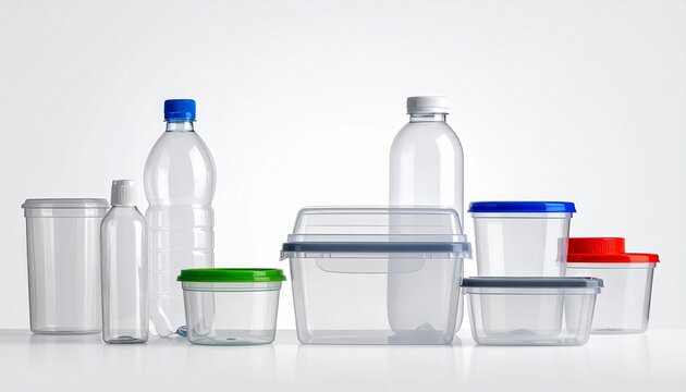 A collection of various clear plastic food storage containers and bottles with colored lids isolated on a white background for design.
