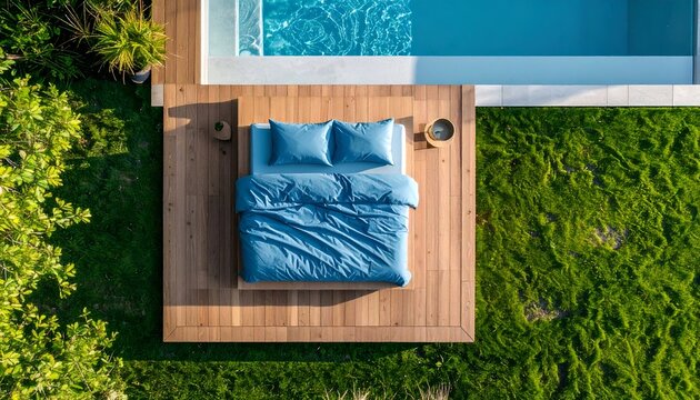 Luxurious outdoor bed sits on wooden deck beside a pool and green grass