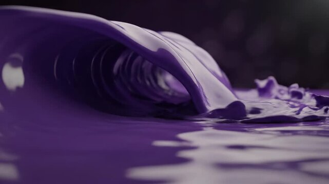 A dynamic, viscous, fluid motion captures a striking purple wave cresting as it breaks with liquid splashes and ripples creating a captivating, abstract water-like spectacle in dramatic lighting