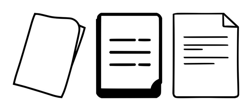 Contract document icon set with solid black shape on white background featuring document, contract symbol, simple line, with typography and illustration