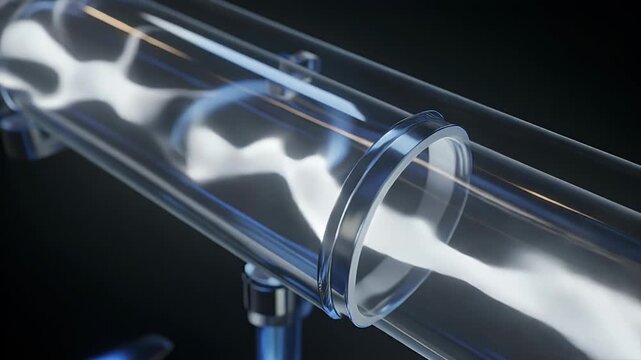 A scientist examines a glass tube with a glowing gas flowing through it in a laboratory setting.