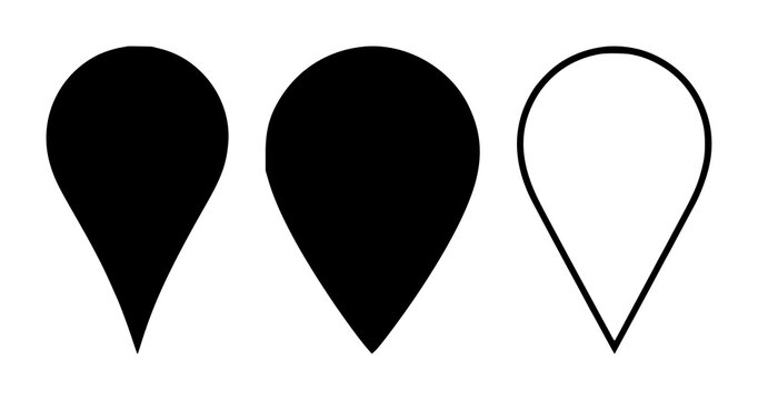 Map pin set with solid black icon on white background featuring location marker, navigation, point of interest with simplicity and clarity