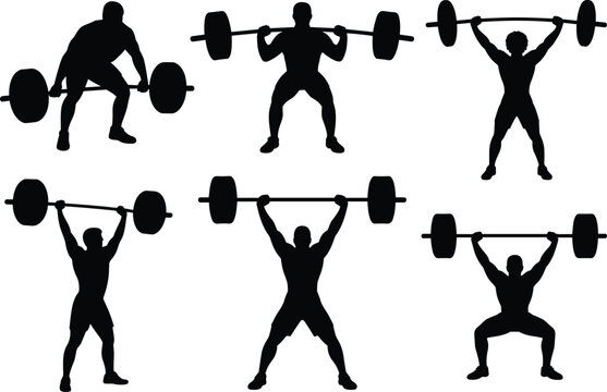 Silhouette weightlifting exercise poses with barbells showing strength, fitness, training, workout, gym, athlete, power, endurance, health, sport