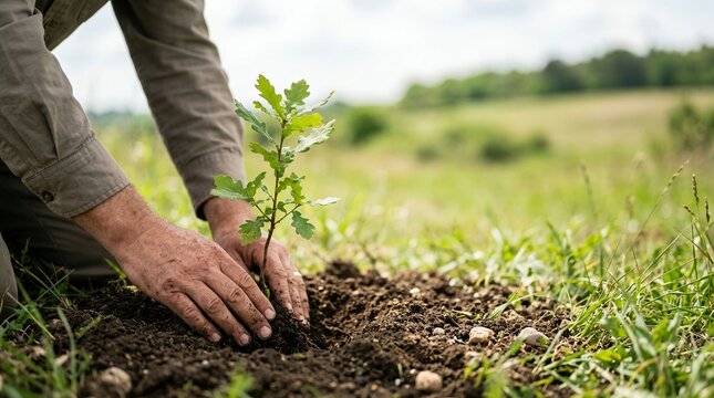 Sustainable energy action planting a young tree for esg and green growth in nature's landscape