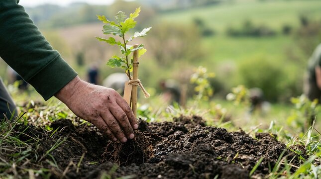 Sustainable action planting young trees for green energy in nature outdoor environment human hand concept