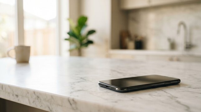 Modern smartphone lying on a marble kitchen island counter at home