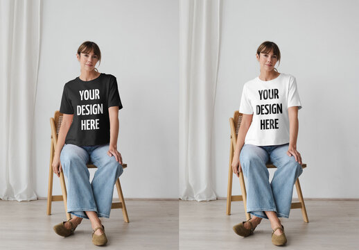 Mockup Of Woman In Customized T-Shirt On Chair