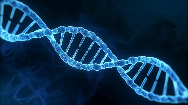 Glowing blue DNA double helix structure twists through dark background