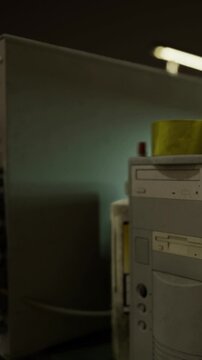 A desk is shown with a computer tower and colorful storage containers. A roll of tape sits on the desk among other items. The space appears to be an office or workspace.