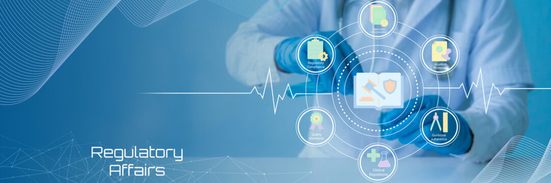 Healthcare professional managing digital regulatory affairs with connected medical icons and documents
