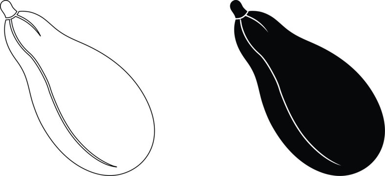 Zucchini squash vegetable icon presented in simple outline and solid black shape designs.