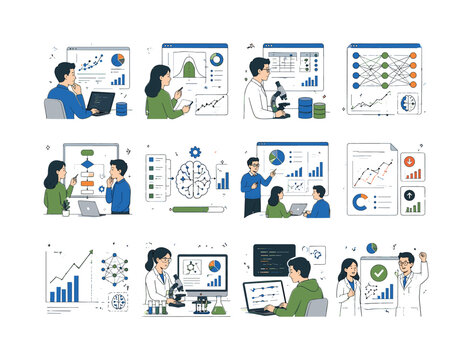 AI Data Research. Data reports, science models, deep analysis, machine learning, algorithms, predictions, probability, and system intelligence. 12 minimalist editorial vector scenes: a data scientist
