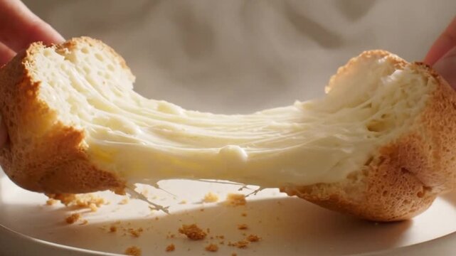 Close-up of hand pulling apart warm Brazilian cheese bread (P&atilde;o de Queijo), revealing elastic gooey inside and rising steam. 4K slow motion.