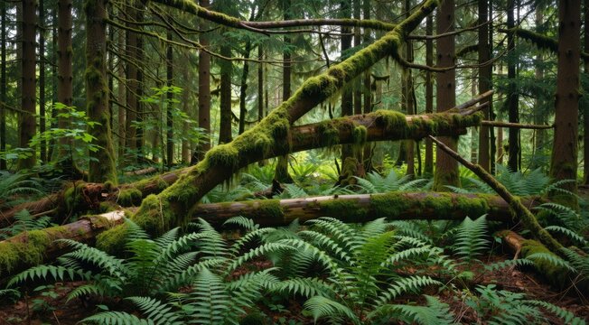 Mossy Old-Growth Forest Floor with Ferns and Fallen Branches