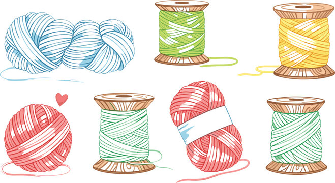 Watercolor Knitting and Sewing Icon Set with Colorful Yarn Balls and Wooden Thread Spools for Crafting Blogs, Tailor Shop Branding, Handmade Hobbyist Logos, and DIY Project Graphic Designs