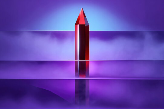 Red crystal stands upright in a hazy violet atmosphere with glowing layers of mist drifting around its sharp geometric edges and translucent surfaces.