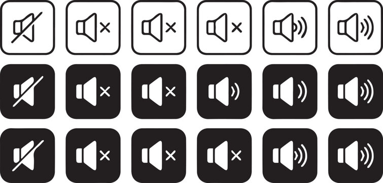 Volume control icons in silhouette set on white background for interface design