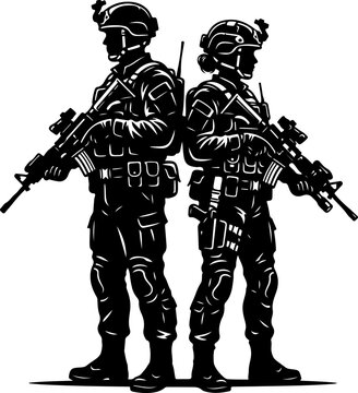 Male and female soldiers holding Rifles silhouette vector illustration
