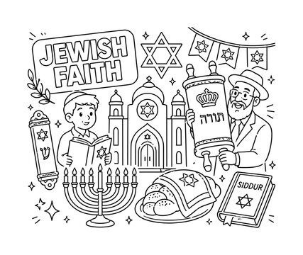 Judaism Faith Symbols. Clean outline banner scene of Judaism faith symbols with 2 characters, one rabbi holding an oversized Torah scroll beside a giant synagogue facade, menorah candles, Star of