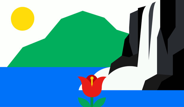 Salto Angel Falls Venezuela waterfall drawing minimal flat vector art with sky sun mountains river and red flower landscape background