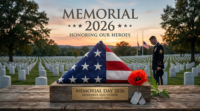 Memorial Day 2026 honoring our heroes with folded american flag and poppy flower at cemetery