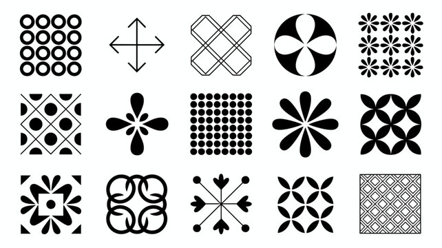 Collection of intricate geometric and floral pattern designs in black and white