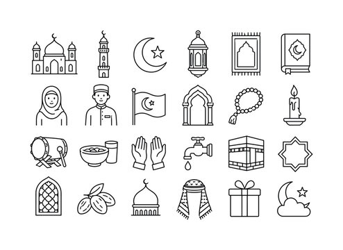Islamic Culture Symbols. Line icon set of Islamic culture and symbols: mosque, minaret, crescent moon, lantern, prayer mat, Koran book, hijab woman, thawb man, flag crescent, arch doorway, tasbih