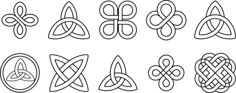 Collection of various Celtic knot symbols and decorative geometric line art elements featuring triquetra and interlaced patterns for graphic design.