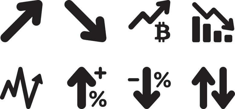 Cryptocurrency and Financial Market Trend Icon Set with Bitcoin and Percentage Arrows