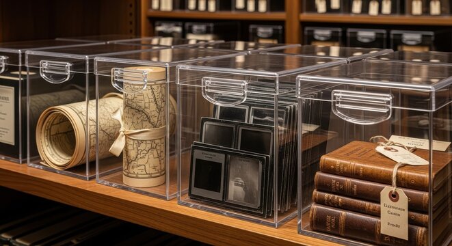 Archival Storage Boxes Containing Vintage Maps, Photographs, and Books on a Library Shelf