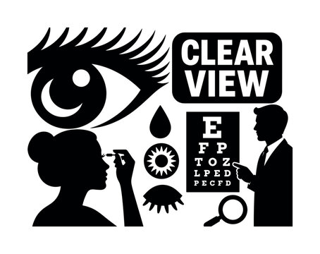 Eye Vision Symbols. Clean solid/filled composition of eyesight, visibility and eye care: oversized eye shape stretching from left edge and large eyelash detail reaching top edge, one woman applying