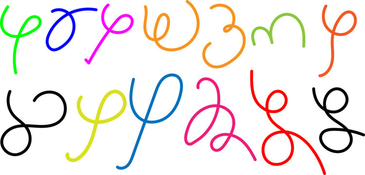 Multicolored cursive alphabet letters on white background