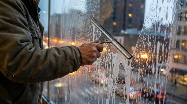 Window cleaner applying squeegee on glass surface during rain  