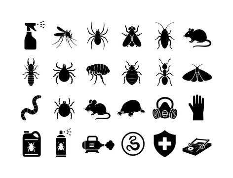 Pest Control Symbols. Solid glyph icon set of pest control and disinfection service: spray bottle, mosquito, spider, fly, cockroach, rat, termite, tick, flea, bedbug, ant, moth, worm, mite, mouse,