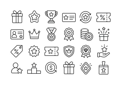 Loyalty Reward Line Series. Line icon set of loyalty rewards: gift box, star badge, trophy, loyalty card, redeem points, coupon, voucher, membership card, crown, medal, ribbon, coin, prize, discount