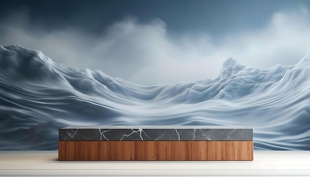 Wooden bench on sandy beach with dramatic blue and white ocean wave texture background