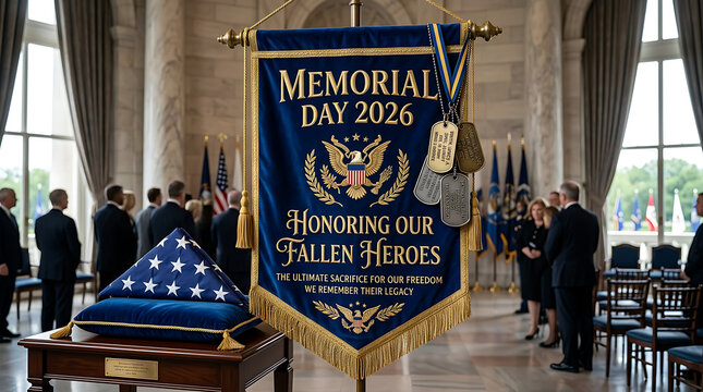 Memorial Day 2026 banner with dog tags and folded American flag honoring fallen heroes in a formal setting