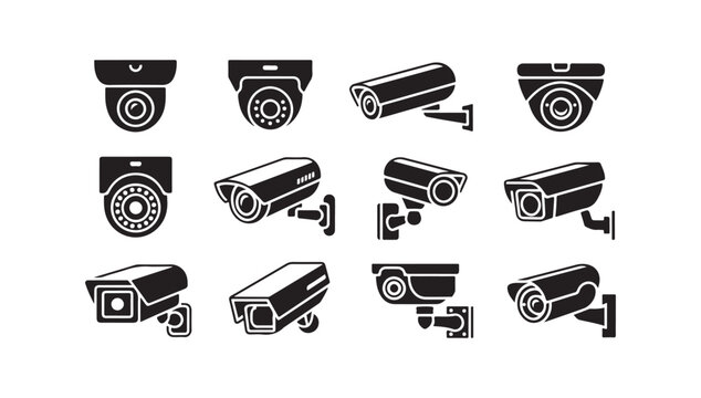 Variety of surveillance cameras, CCTV, security technology, modern monitoring devices.