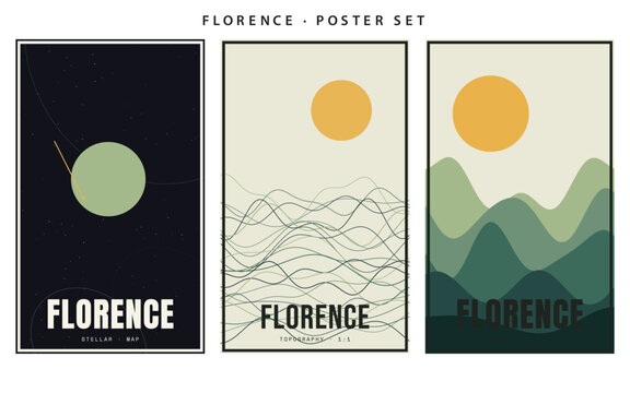 Set of three modern minimalist posters with florence theme, abstract landscape and stellar map designs vector illustration