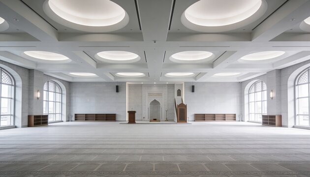 Displaying central mosque prayer hall showing carpet rows leading to carved mihrab and minbar