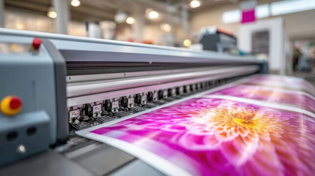 Large format printer producing vibrant floral print with detailed petals and sharp focus