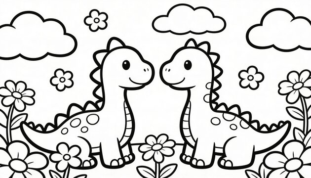 Smiling two dinosaurs facing each other in meadow showing dorsal spikes flank spots flowers clouds