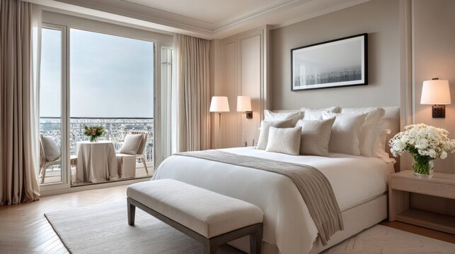Luxurious hotel bedroom with balcony overlooking city skyline and comfortable king-size bed