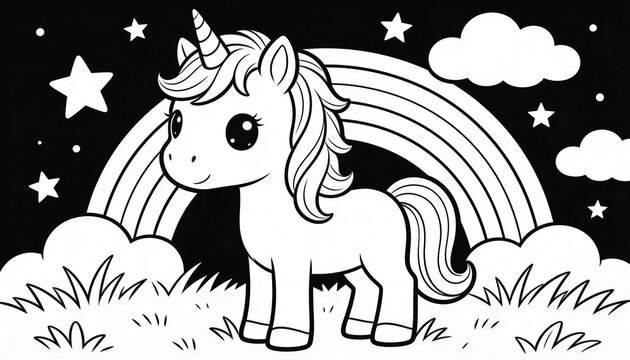 Standing cartoon unicorn gazing toward starry sky on grassy mound, with rainbow clouds stars hooves