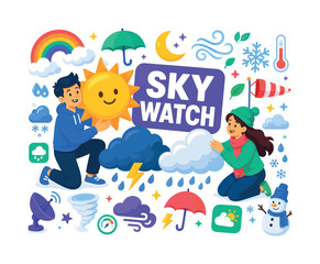 Naklejka premium Bright Weather Forecast Lively banner scene with two expressive stylized human characters interacting with an oversized sun, cloud and rain storm symbol, with small moon, snowflake, wind swirl and
