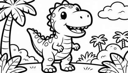 Fototapeta premium Smiling cartoon dinosaur standing on grassy mound near palm tree in clearing, with bold outline