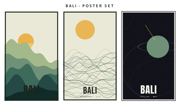 Minimalist bali poster set with mountain landscape, topography and stellar map vector illustration