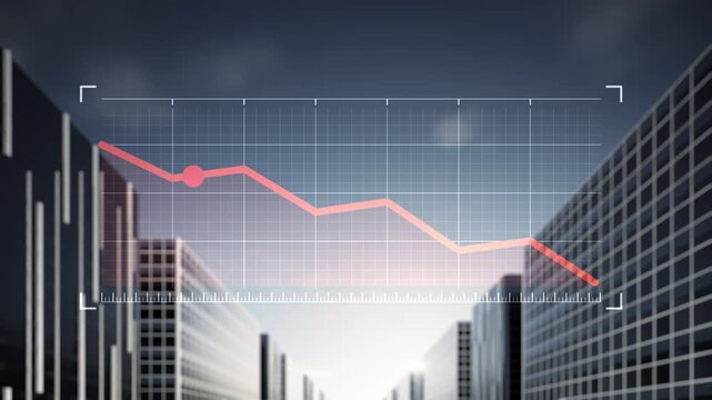 Economic downturn concept featuring descending red financial graph above city skyline. Skyscrapers cinematic urban backdrop enhanced by dynamic cloud and dolly forward effects resembling hyperlapse.